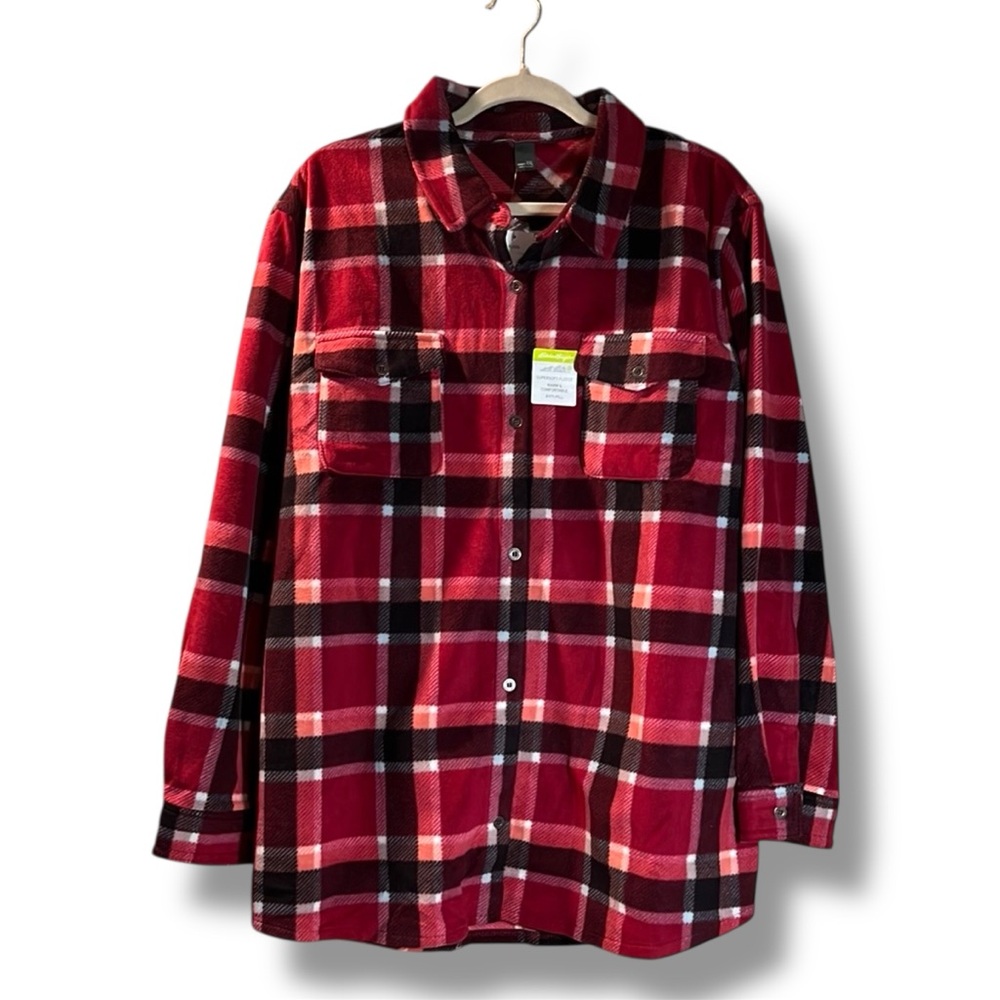 Eddie Bauer Women’s XXL 2XL Supersoft Fleece Shirt Red Black Plaid NWT Warm